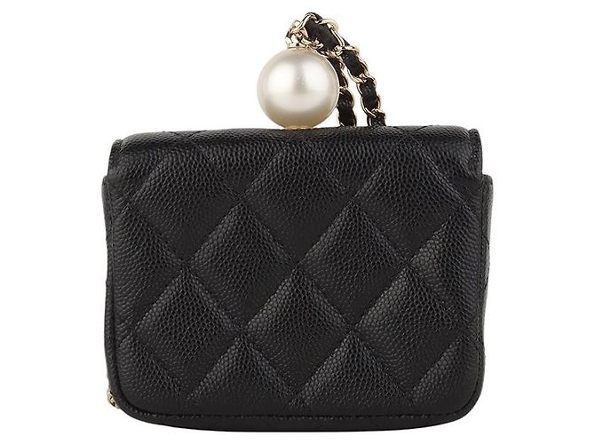 Chanel Portacarte CC Caviar Flap Gold Pearl Chain Necklace Nero - vista 3