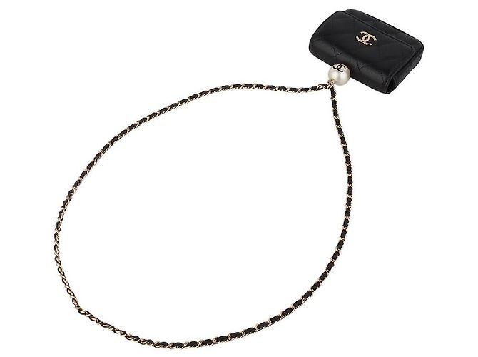 Chanel Portacarte CC Caviar Flap Gold Pearl Chain Necklace Nero - vista 4