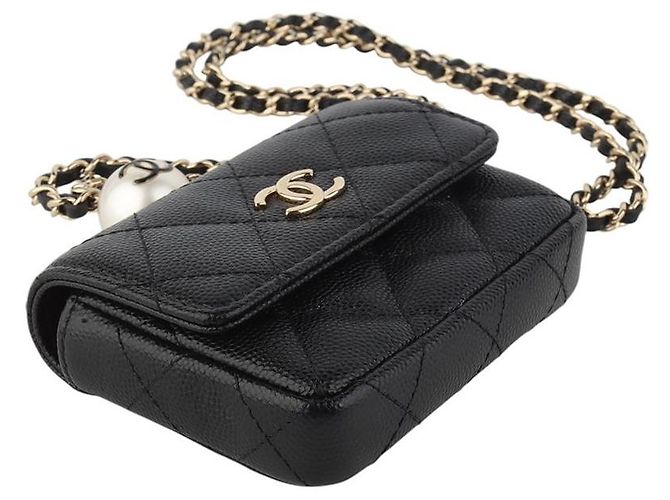 Chanel Portacarte CC Caviar Flap Gold Pearl Chain Necklace Nero - vista 5
