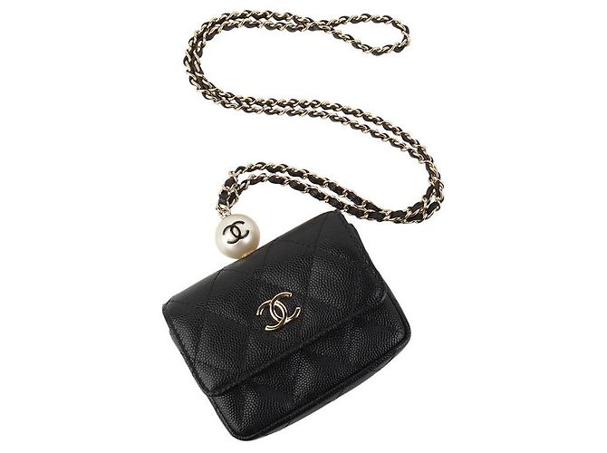Chanel Portacarte CC Caviar Flap Gold Pearl Chain Necklace Nero - vista 8