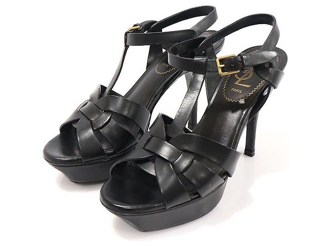 Saint Laurent Sandali con plateau e cinturino Tribute in pelle nera Nero - vista 2