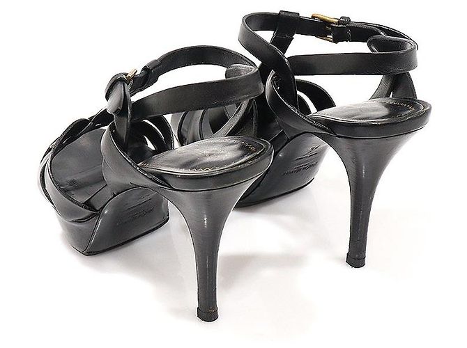 Saint Laurent Sandali con plateau e cinturino Tribute in pelle nera Nero - vista 4