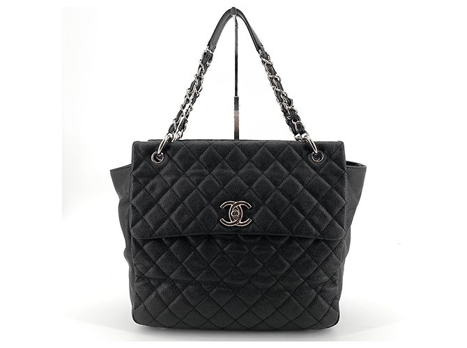 Chanel Bolsa de Ombro Shopper Grande em Caviar Prata Preto - vista 2