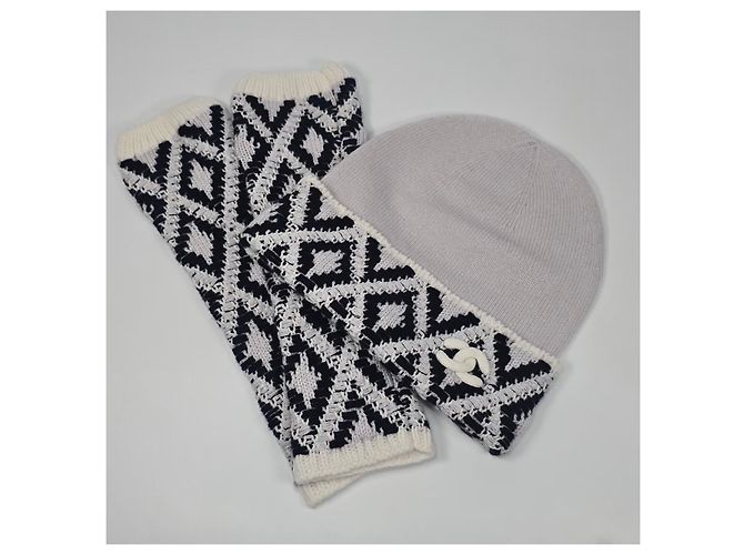 Chanel Cashmere-Beanie und Handschuhwärmer-Set Silber - Ansicht 3