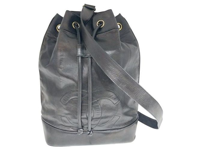 Chanel Black Lambskin CC Logo Drawstring Sling Bag Backpack - view 2