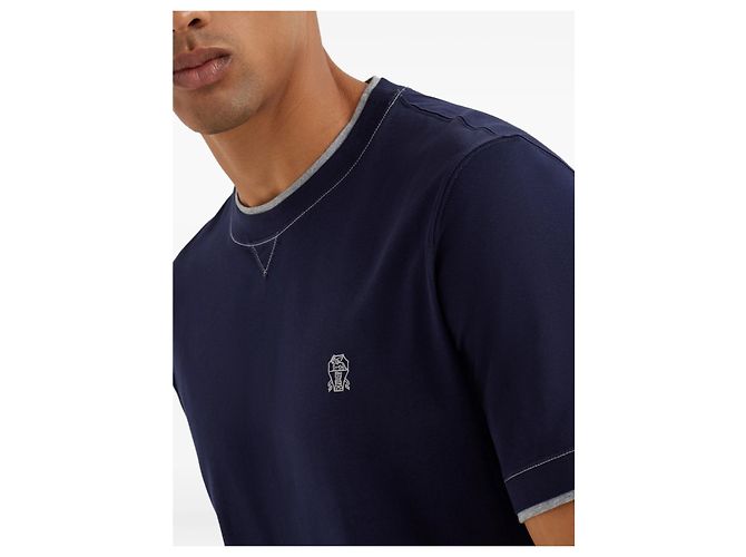 Brunello Cucinelli Double Layer Stitch T-Shirt with Logo Embroidery Blue - view 14