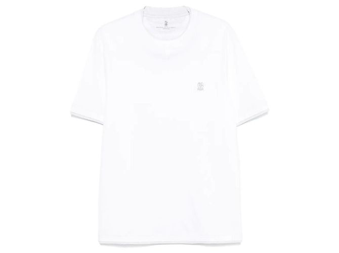 Brunello Cucinelli Double Layer Stitch T-Shirt with Logo Embroidery Blue - view 15