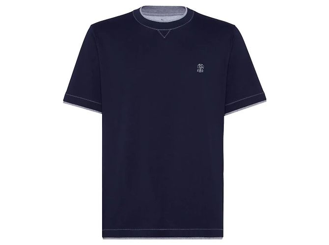 Brunello Cucinelli Double Layer Stitch T-Shirt with Logo Embroidery Blue - view 2