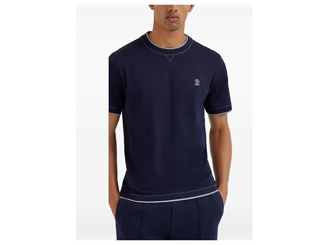 Brunello Cucinelli Double Layer Stitch T-Shirt with Logo Embroidery Blue - view 4