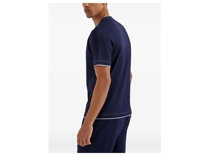 Brunello Cucinelli Double Layer Stitch T-Shirt with Logo Embroidery Blue - view 5