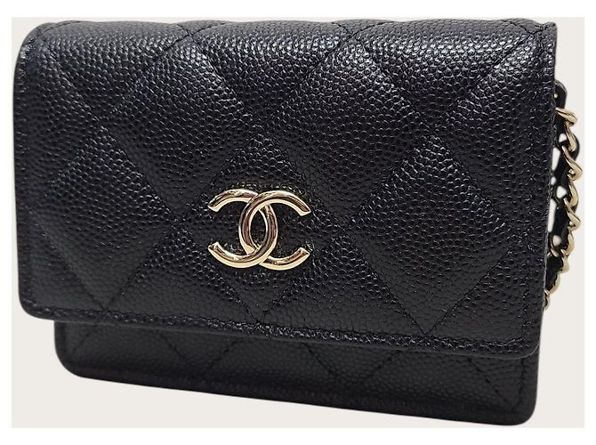 Chanel Portacarte con patta a soffietto e catena in pelle caviar nera Nero - vista 2