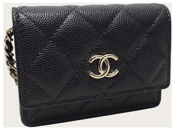 Chanel Portacarte con patta a soffietto e catena in pelle caviar nera Nero - vista 3