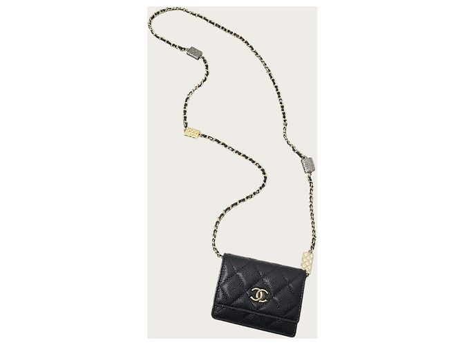 Chanel Portacarte con patta a soffietto e catena in pelle caviar nera Nero - vista 7