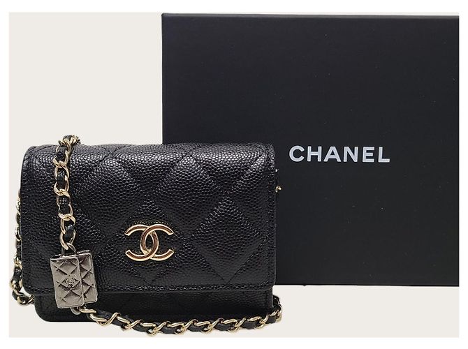 Chanel Portacarte con patta a soffietto e catena in pelle caviar nera Nero - vista 8