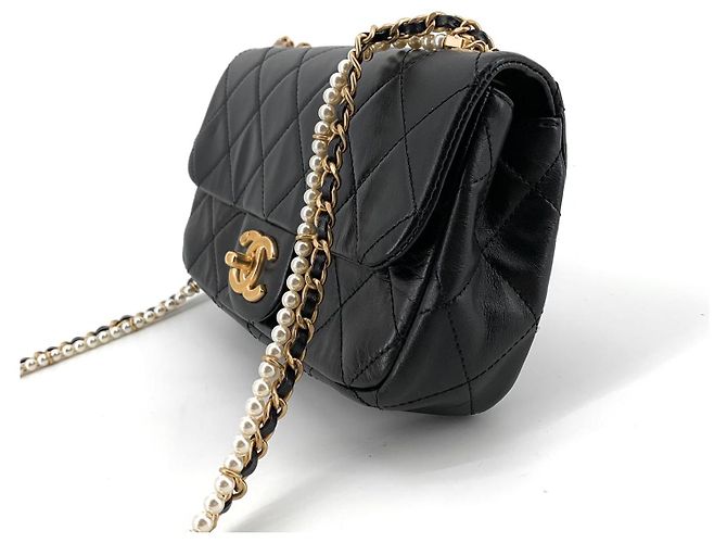 Chanel Mini borsa flap in pelle di vitello Classic Pearl Nero - vista 3