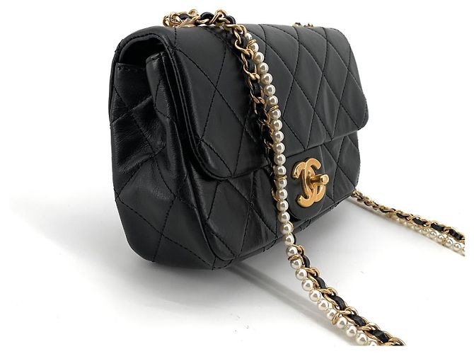 Chanel Mini borsa flap in pelle di vitello Classic Pearl Nero - vista 4