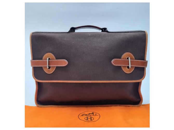 Hermès Valigetta Officier Buena Ventura MM Toile Marrone - vista 2