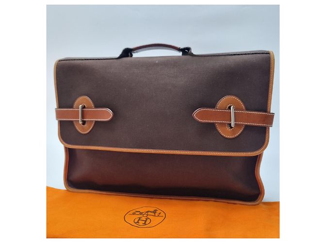 Hermès Valigetta Officier Buena Ventura MM Toile Marrone - vista 3
