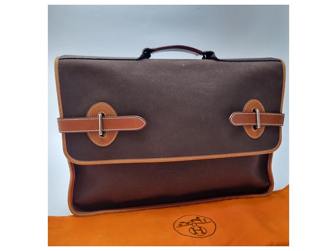 Hermès Valigetta Officier Buena Ventura MM Toile Marrone - vista 4