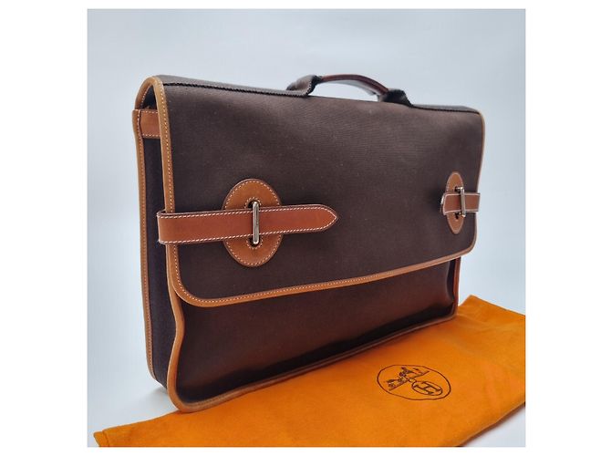 Hermès Valigetta Officier Buena Ventura MM Toile Marrone - vista 5