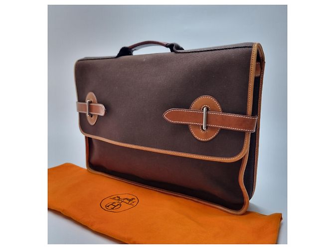 Hermès Valigetta Officier Buena Ventura MM Toile Marrone - vista 6