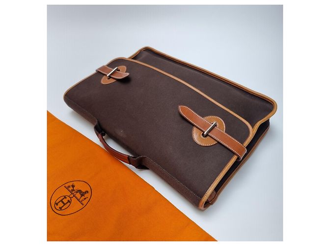 Hermès Valigetta Officier Buena Ventura MM Toile Marrone - vista 8