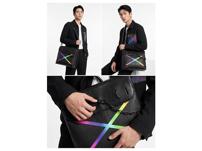 Louis Vuitton Borsa Tote Virgil Abloh Taiga Rainbow Steamer Nero - vista 4
