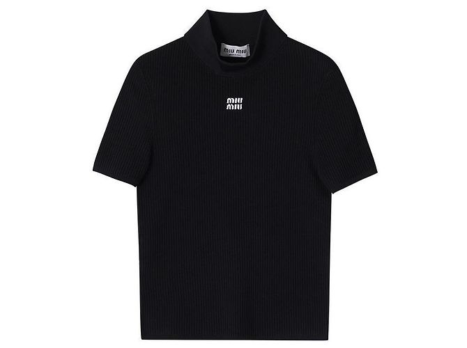Miu Miu Kurzärmeliger Rollkragenstrickpullover mit Intarsia-Logo für Damen Schwarz - Ansicht 3