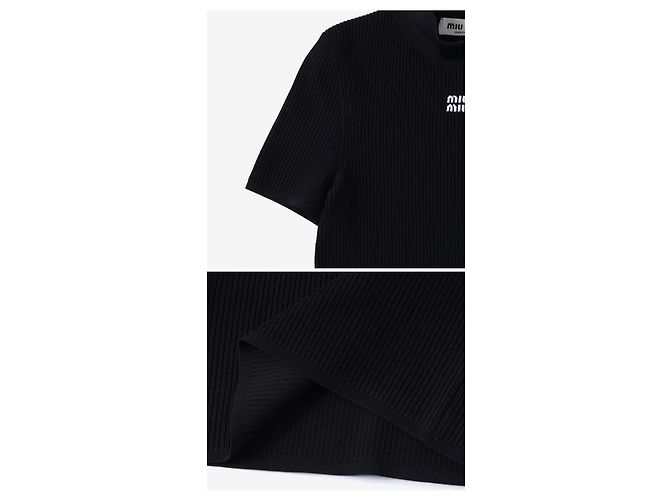 Miu Miu Kurzärmeliger Rollkragenstrickpullover mit Intarsia-Logo für Damen Schwarz - Ansicht 9