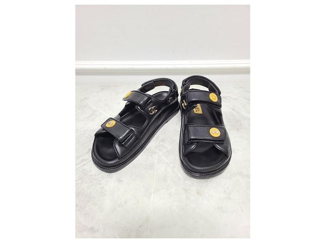 Chanel Sandali con velcro con fascia in pelle e patch con scritte nere Nero - vista 2