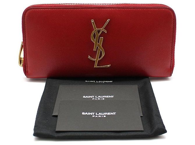 Saint Laurent Portafoglio lungo con zip in caviar rosso e monogramma dorato - vista 2