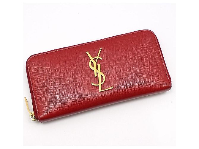 Saint Laurent Portafoglio lungo con zip in caviar rosso e monogramma dorato - vista 3