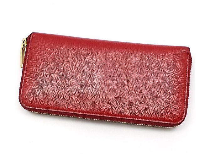 Saint Laurent Portafoglio lungo con zip in caviar rosso e monogramma dorato - vista 4