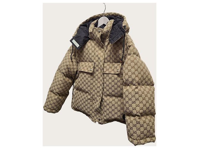Gucci Chaqueta acolchada de lona de algodón GG Camel Ebony Castaño - vista 2