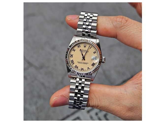 Rolex Relógio Datejust de aço para mulher com mostrador creme brilhante Branco - vista 3