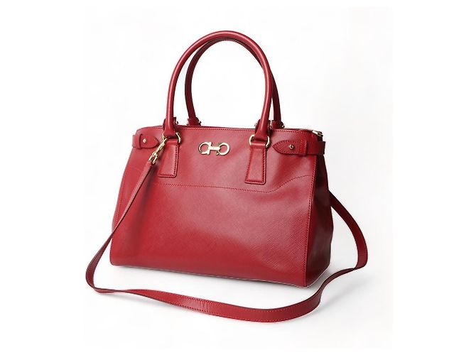 Salvatore Ferragamo Bolso de Hombro Double Gancini Saffiano Batik Roja - vista 2