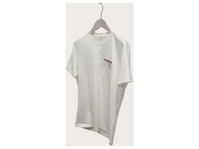 Brunello Cucinelli Weißes Kurzarm-T-Shirt aus Leder mit Rundtasche - Ansicht 2