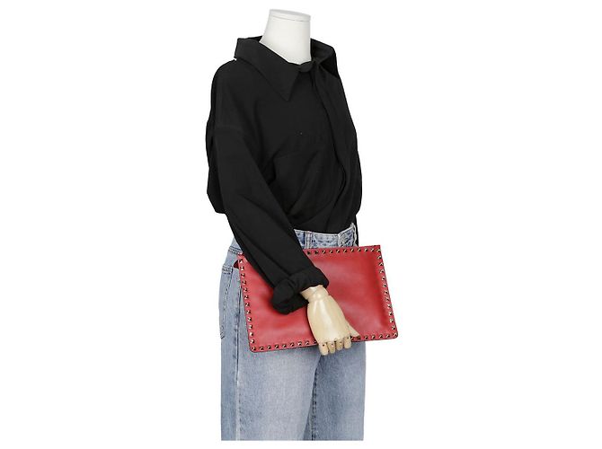 Valentino Clutch Rockstud in pelle rossa Rosso - vista 16