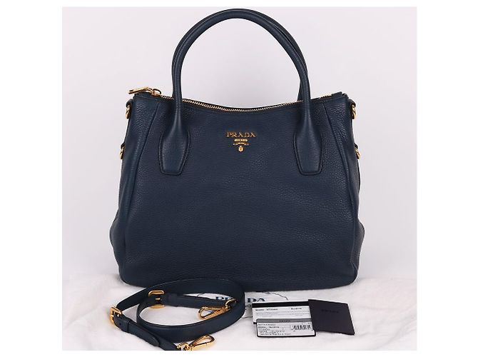 Prada Borsa Tote e Borsa a Spalla Vitello Placcata Oro Blu - vista 12