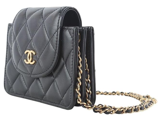 Chanel Lambskin Classic Gold-Tone Double Chain Mini Flap Crossbody Bag Black - view 2