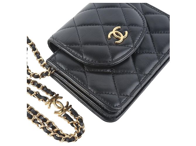 Chanel Lambskin Classic Gold-Tone Double Chain Mini Flap Crossbody Bag Black - view 5