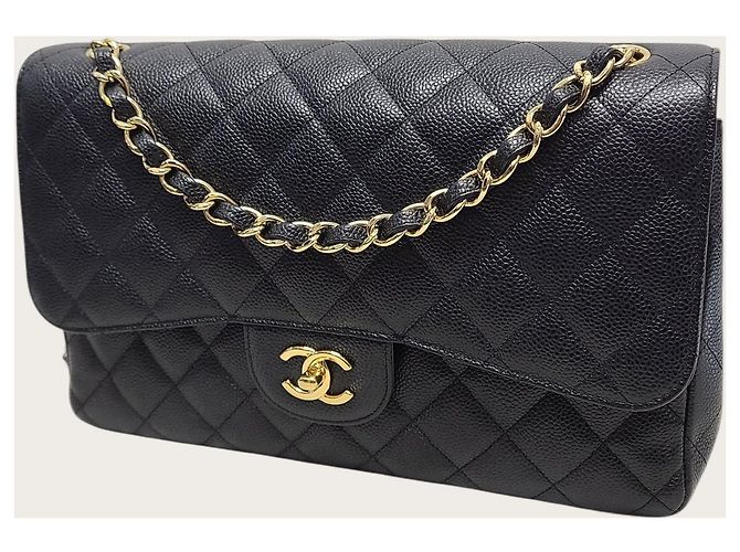 Chanel Bolsa de Ombro Black Caviar Gold Classic Flap Chain Large Series Preto - vista 3