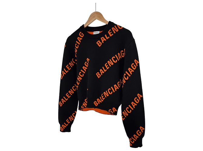 Balenciaga Kurzes Damen-Strickpullover aus Wolle mit Multi-Logo-Jacquard Orange Schwarz - Ansicht 2