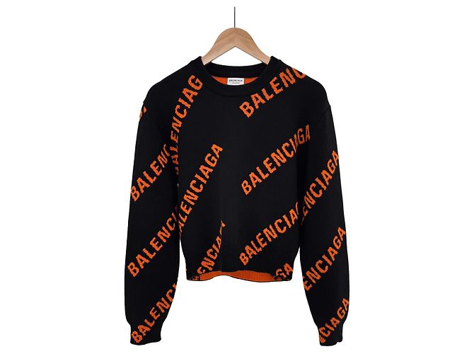 Balenciaga Kurzes Damen-Strickpullover aus Wolle mit Multi-Logo-Jacquard Orange Schwarz - Ansicht 3