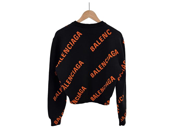 Balenciaga Kurzes Damen-Strickpullover aus Wolle mit Multi-Logo-Jacquard Orange Schwarz - Ansicht 4