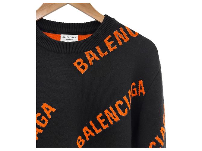 Balenciaga Kurzes Damen-Strickpullover aus Wolle mit Multi-Logo-Jacquard Orange Schwarz - Ansicht 6