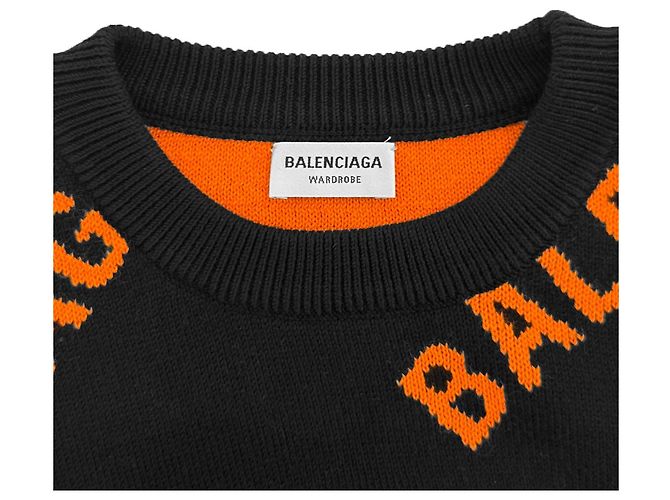 Balenciaga Kurzes Damen-Strickpullover aus Wolle mit Multi-Logo-Jacquard Orange Schwarz - Ansicht 8