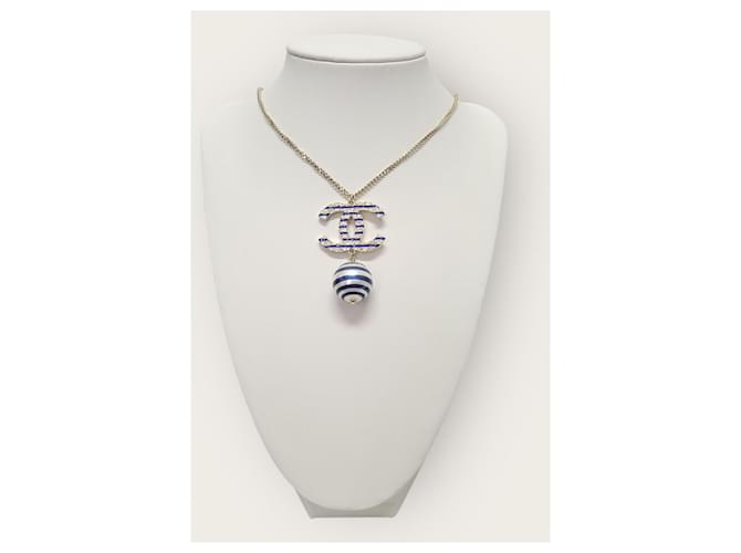 Chanel Collana con perle blu a righe con logo CC - vista 2