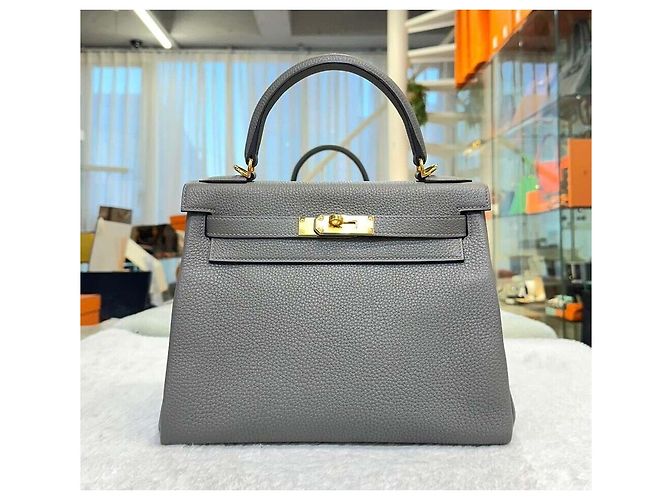 Hermès Kelly in Stitch Gray Meyer Gold Marrone - vista 2
