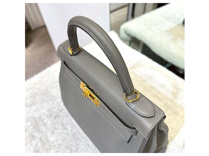 Hermès Kelly in Stitch Gray Meyer Gold Marrone - vista 5